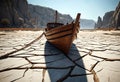 Wooden boat on dry cracked land. Generative AI Royalty Free Stock Photo