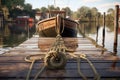 wooden boat floating near dock with mooring ropes Royalty Free Stock Photo