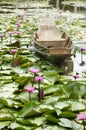 Wooden boat floating for travelers people rowing with Red lotus