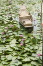 Wooden boat floating for travelers people rowing with Red lotus