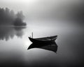 A wooden boat floating on the waters of a fog-covered lake early morning. Ideal for nature, serenity, and fishing concepts Royalty Free Stock Photo