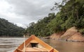 Wooden boat front and green jungle landscape, sailing in the muddy water of the Beni river, Amazonian rainforest, Bolivia Royalty Free Stock Photo