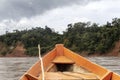 Wooden boat front and green jungle landscape, sailing in the muddy water of the Beni river, Amazonian rainforest, Bolivia