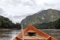 Wooden boat front and green jungle landscape, sailing in the muddy water of the Beni river, Amazonian rainforest, Bolivia Royalty Free Stock Photo