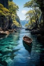 wooden boat gracefully navigating a serene river, surrounded by the beauty of a great landscape.