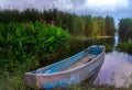 Wooden boat harbour on the lakeside. Balinese traditional boat known as Jukung on Batur lake.