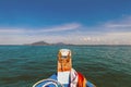 Wooden boat head and dried flowers with sea and sky background. Royalty Free Stock Photo