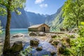 Wooden boat hut at the Obersee, Koenigssee, Bavaria, Germany