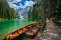 Wooden boat at lake Braies, Southern Tyrol, Dolomites, Italy Royalty Free Stock Photo