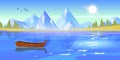 Wooden boat on lake, pond or river with mountains Royalty Free Stock Photo