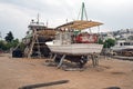 A wooden boat on the lift in a shipyard in Bodrum, Turkey