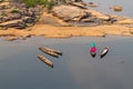 Wooden boat mekong river. Thailand and Laos in top view Royalty Free Stock Photo