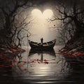 Wooden boat in the middle of a dark forest river in the sky, heart outlines visible. Valentine\'s Day as a day symbol of affe Royalty Free Stock Photo