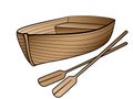 Wooden boat with oars. Rowing boat for romantic walks on the lake or the sea. Lifeboat made of wood. Royalty Free Stock Photo