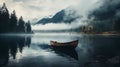 Serene Autumn Boat On Misty Lake