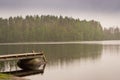 Wooden boat pier on lake. Palvaanjarven Campsite, Lappeenranta, Royalty Free Stock Photo