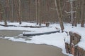 A boat on a frozen pond.