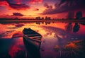 Wooden boat in the river during a pink sunset. AI Generated Royalty Free Stock Photo