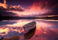 Wooden boat in the river during a pink sunset. AI Generated Royalty Free Stock Photo