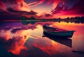 Wooden boat in the river during a pink sunset. AI Generated Royalty Free Stock Photo