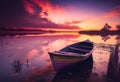 Wooden boat in the river during a pink sunset. AI Generated Royalty Free Stock Photo