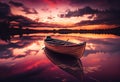 Wooden boat in the river during a pink sunset. AI Generated Royalty Free Stock Photo