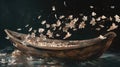 Wooden boat sailing on a petalcovered sea An imaginative depiction of a rustic wooden boat floating on calm waters blanketed by
