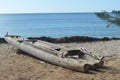 Wooden boat on the sea coast. Fishing boat on the beach