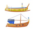 Wooden Boat or Ship as Bali Traditional Cultural Attribute Vector Set Royalty Free Stock Photo