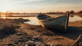 A wooden boat sitting on top of a sandy beach. Generative AI image. Royalty Free Stock Photo