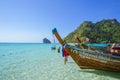 Wooden boat for tourist park at Maya bay in Phiphi island Andaman sea amazing Thailand travel