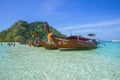 Wooden boat for tourist park at Maya bay in Phiphi island Andaman sea amazing Thailand travel Royalty Free Stock Photo