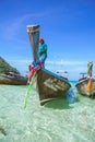 Wooden boat for tourist park at Maya bay in Phiphi island Andaman sea amazing Thailand Royalty Free Stock Photo