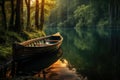 Wooden boat on a tranquil lake ,canoe on the lake in the autumn forest. Beautiful landscape Ai generated Royalty Free Stock Photo