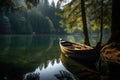 Wooden boat on a tranquil lake ,canoe on the lake in the autumn forest. Beautiful landscape Ai generated Royalty Free Stock Photo