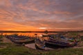 Wooden boat in Ubein Bridge at sunrise, Mandalay. Royalty Free Stock Photo