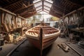 wooden boat under construction in a boatbuilders workshop