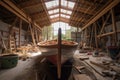 wooden boat under construction in a boatbuilders workshop