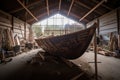 wooden boat under construction in a boatbuilders workshop