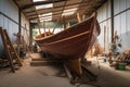 wooden boat under construction in boatyard Royalty Free Stock Photo