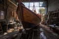 wooden boat under construction in boatyard Royalty Free Stock Photo