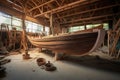 wooden boat under construction in workshop Royalty Free Stock Photo