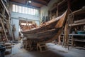 wooden boat under construction in workshop Royalty Free Stock Photo