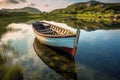 Wooden boat on water at mountains, scenery of sea bay or lake, generative AI