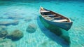 Wooden boat on white sand beach and blue sky in the background