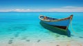 Wooden boat on white sand beach and blue sky in the background