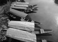 Wooden boats on Ganges river in Varanasi, India Royalty Free Stock Photo