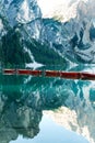 Wooden boats on Lake Braies in Dolomites, Sudtirol, Italy. mountains Royalty Free Stock Photo