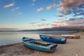 Wooden boats moored on the beach of Lake Ohrid, Pogradec, Albania Royalty Free Stock Photo