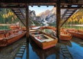Wooden boats near the house in Braies lake at sunrise in autumn